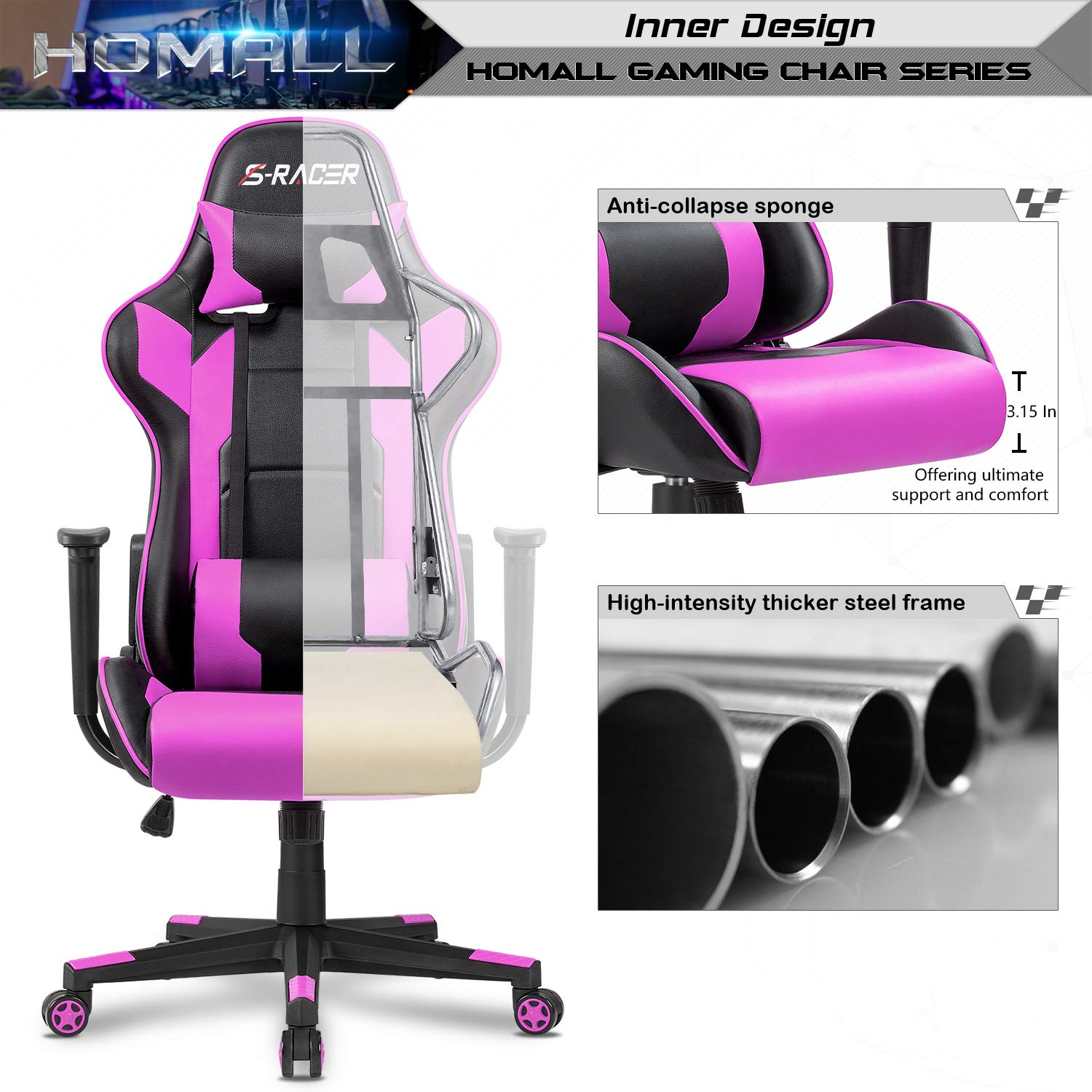 Gaming Chair, Office Chair High Back Computer Chair Leather Desk Chair Racing Executive Ergonomic Adjustable Swivel Task Chair with Headrest and Lumbar Support (Violet)