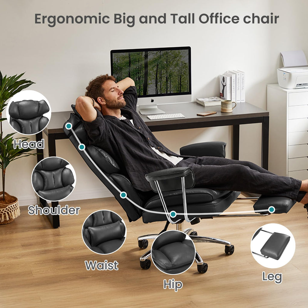 Home Office Desk Chair Comfy with Foot Rest, PU Leather Ergonomic Big and Tall High Back Support, 360° Swivel Wheels, Armrests and Detachable Pillow, Height Adjustable, Black
