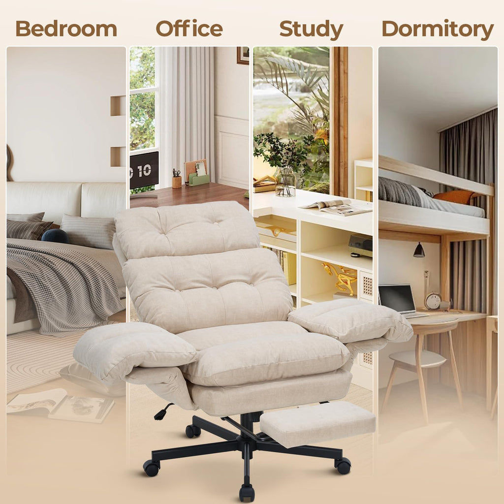 Criss Cross Office Chair with Foot Rest, Big and Tall Office Desk Chair with Flip Armrests for Pets & Cross Legged Sitting, Comfy Executive Ergonomic Reclining Computer Gaming Vanity Chair, Beige