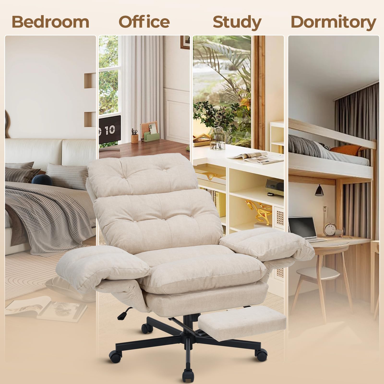 Criss Cross Office Chair with Foot Rest, Big and Tall Office Desk Chair with Flip Armrests for Pets & Cross Legged Sitting, Comfy Executive Ergonomic Reclining Computer Gaming Vanity Chair, Beige