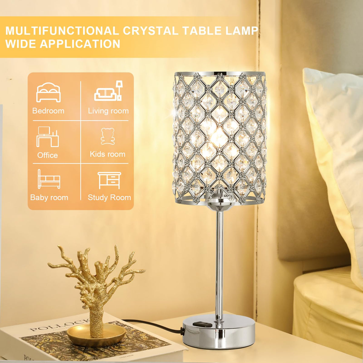 Sliver Crystal Table Lamp with Touch Control, Bedside Lamp for Nightstand