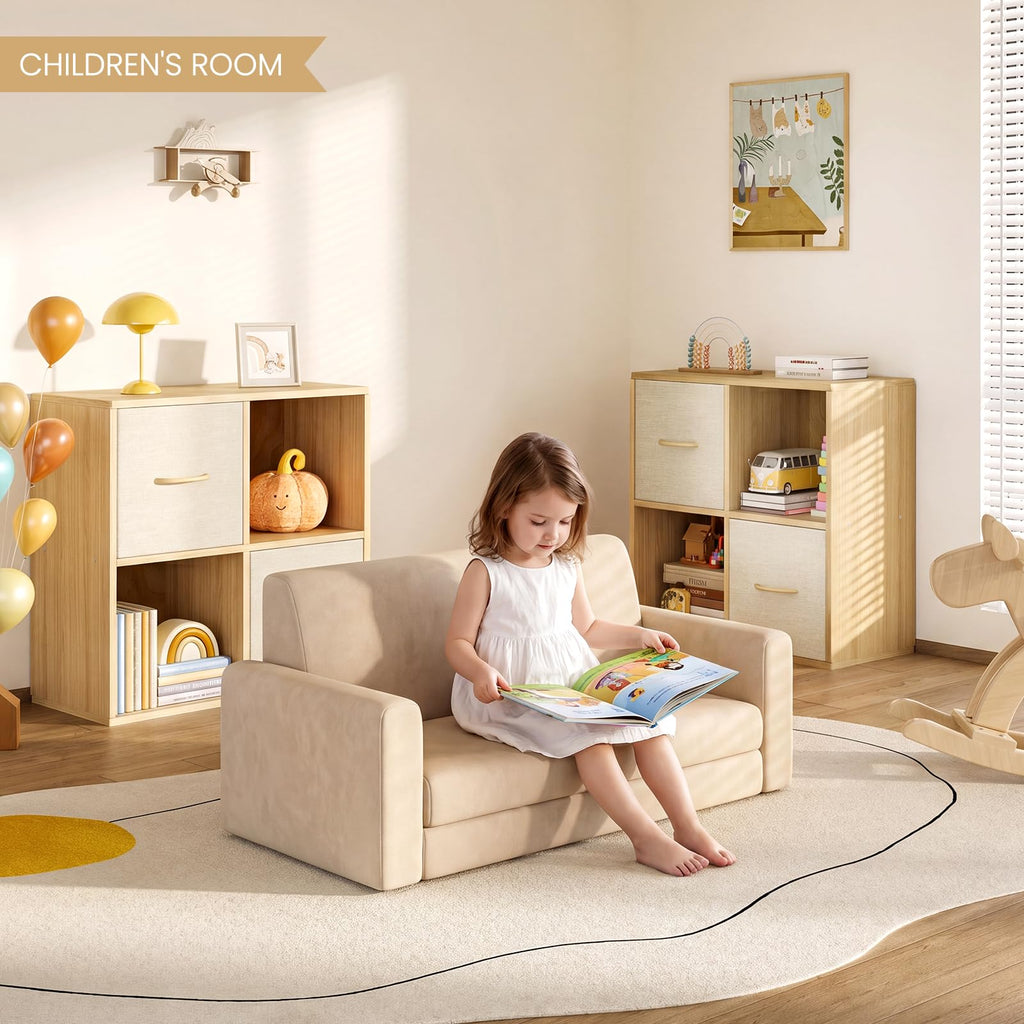 4 Cube Storage Organizer - Solid Wood Bookshelf with 2 Storage Bins, Cube Shelf with 2 Removable Back Panels, Vertical or Horizontal Bookcase, Open Book Shelf for Bedroom, Living Room, Office