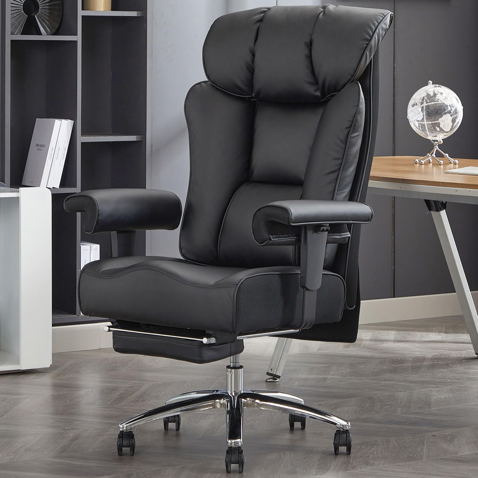 Big and Tall Office Chair with Footrest, 450lbs High Back Executive Chair with Spring Cushion, PU Leather Upholstery, Padded Armrests, Swivel Base, and Rolling Wheels – Black Computer Chair