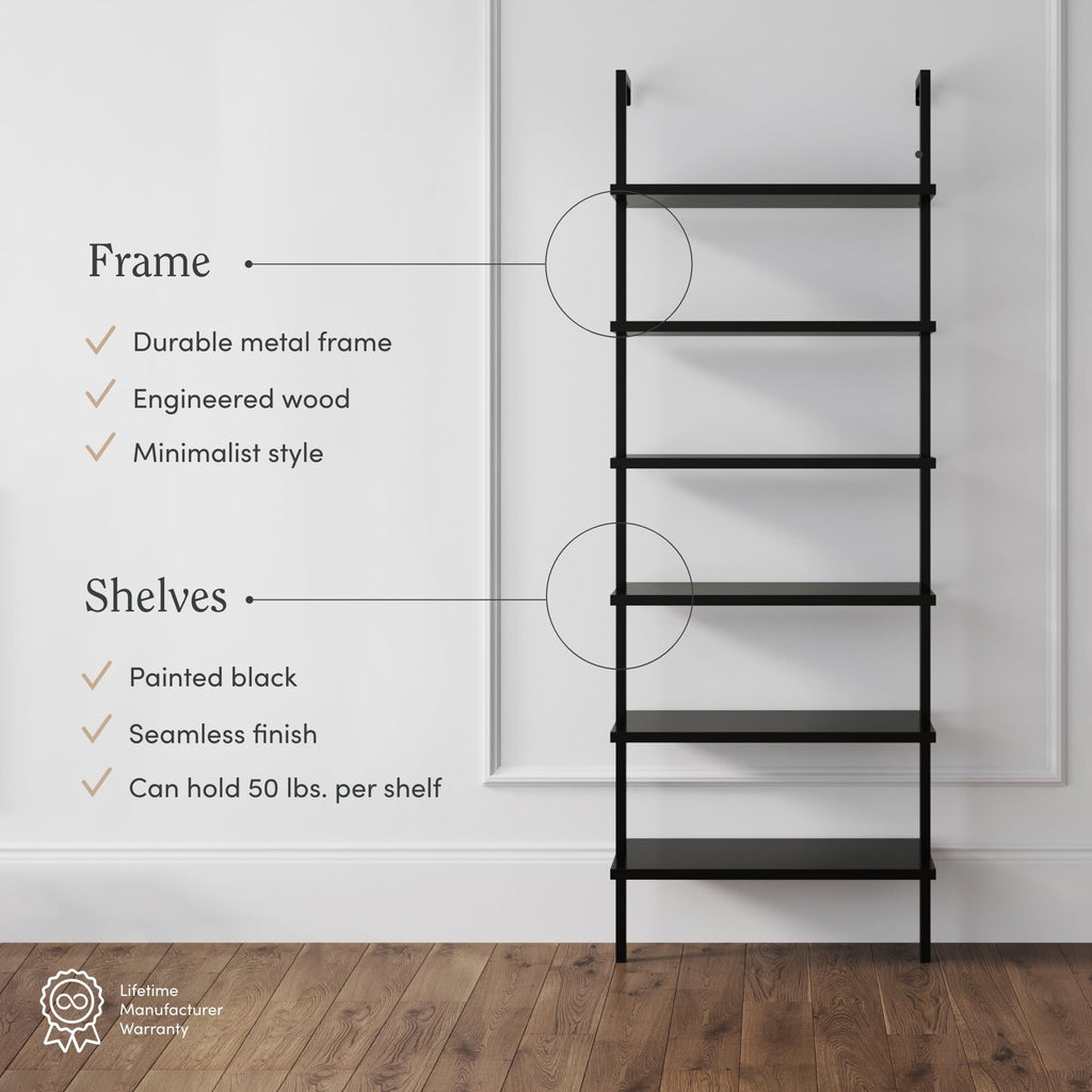 6-Shelf Tall Bookcase, Wall Mount Bookshelf Wood Shelves and Metal Frame, Matte Black, Set of 2