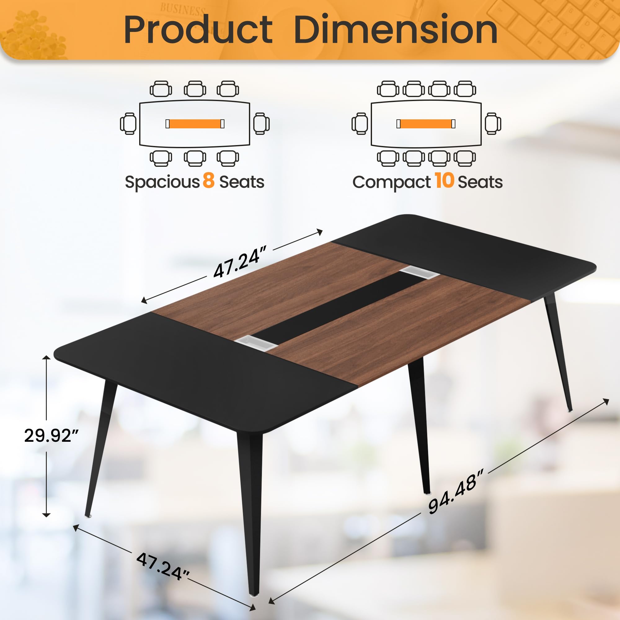 8FT Conference Table, 94.48” Meeting Seminar Table with Cable Grommets, Boardroom Table Workstation for Meeting Room, Office Conference (Black & Walnut)