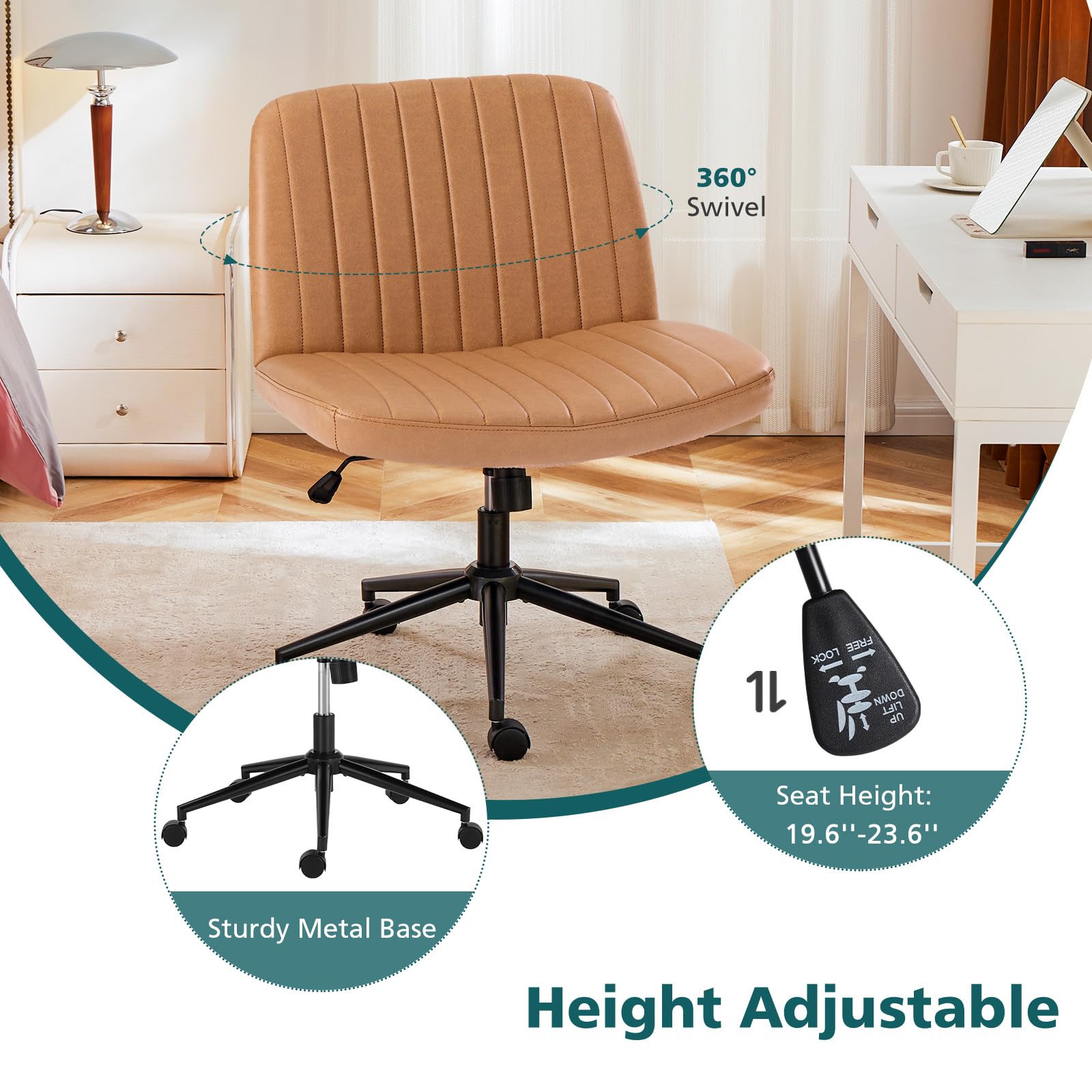 Criss Cross Chair with Wheels Wide Cross Legged Office Desk Vanity Chair Comfy Fabric Armless Adjustable Swivel for Home Computer Task PU Brown