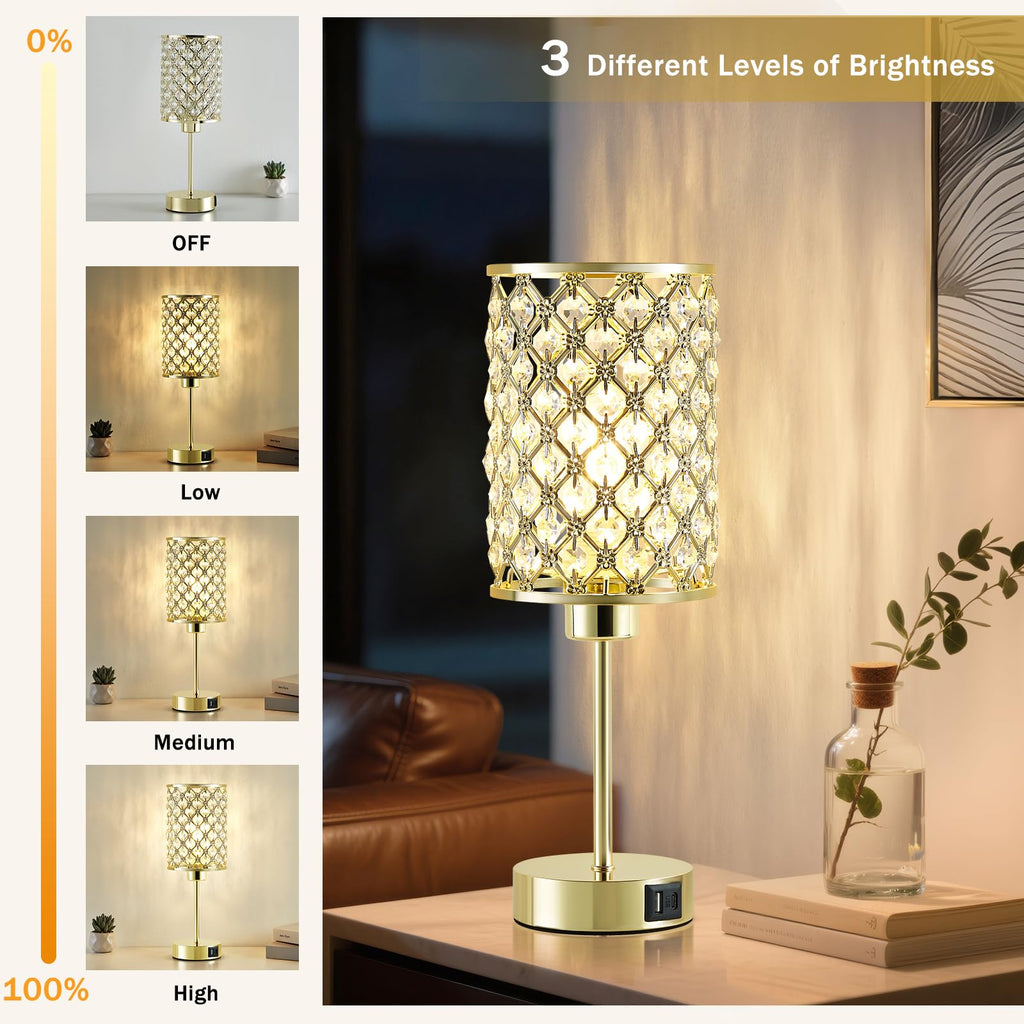 Gold Crystal Bedside Table Lamps Set of 2 with USB C+A Ports