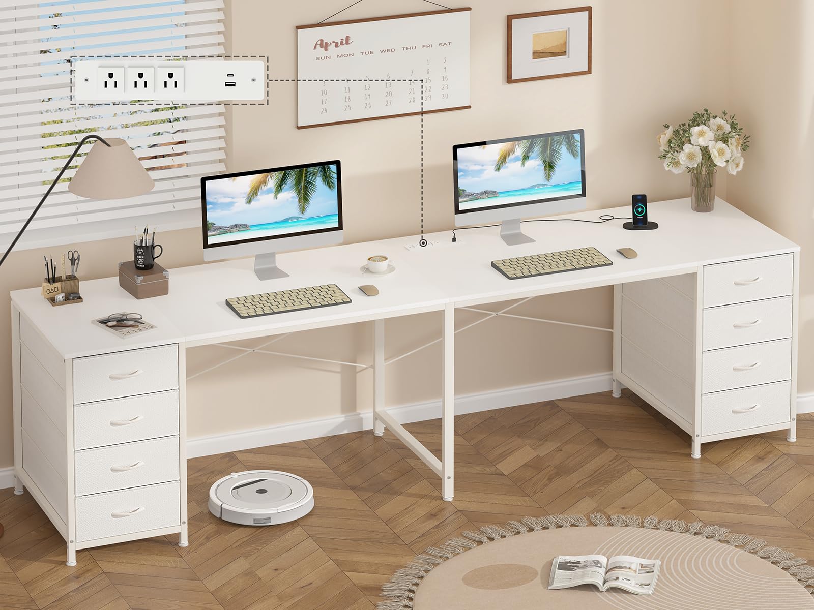 95'' Two Person Desk with 8 Drawers, Long Computer Desk with Charging Station, 2 Person Desks Double Desk Writing Study Table for Home Office, White