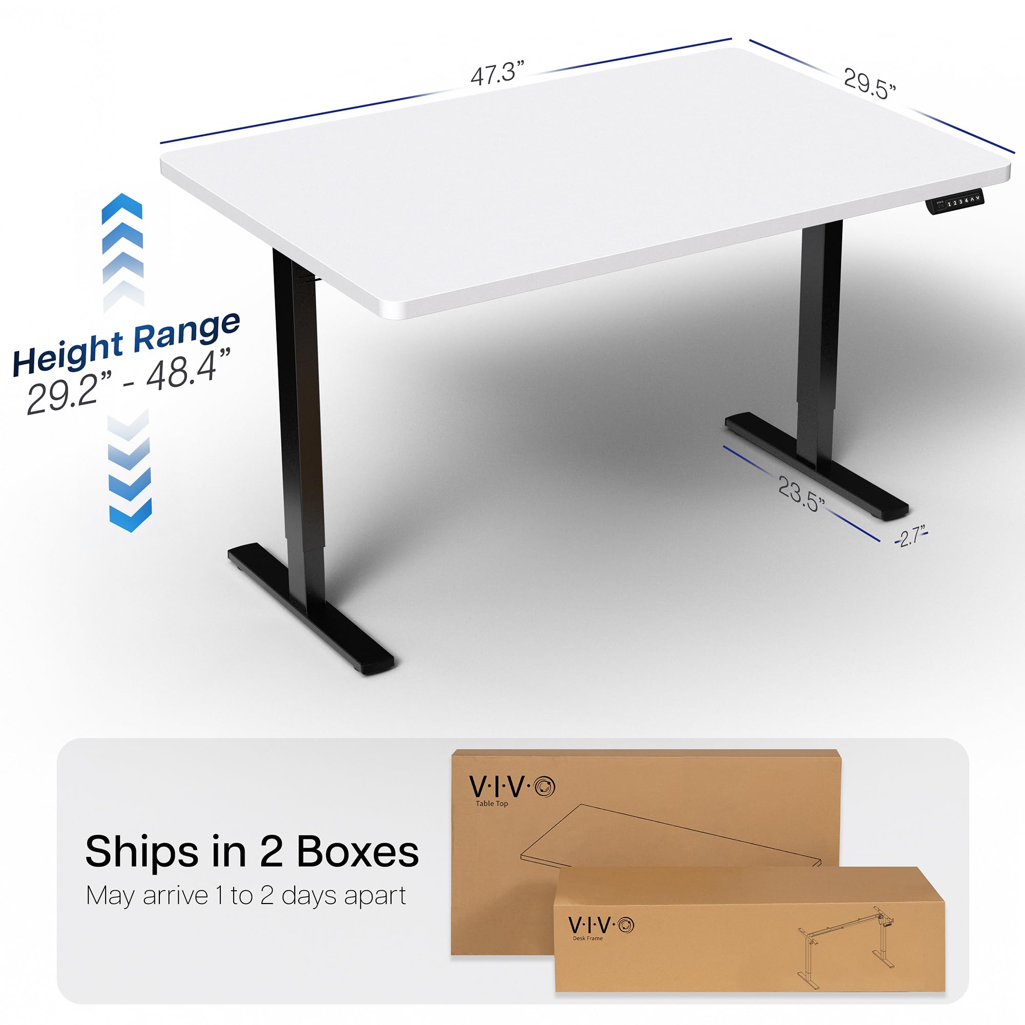 Electric 48 x 30 in Standing Desk, Memory Height Adjustment, 1B Series, Holds 220 lbs, One-Piece White Top, Black Frame
