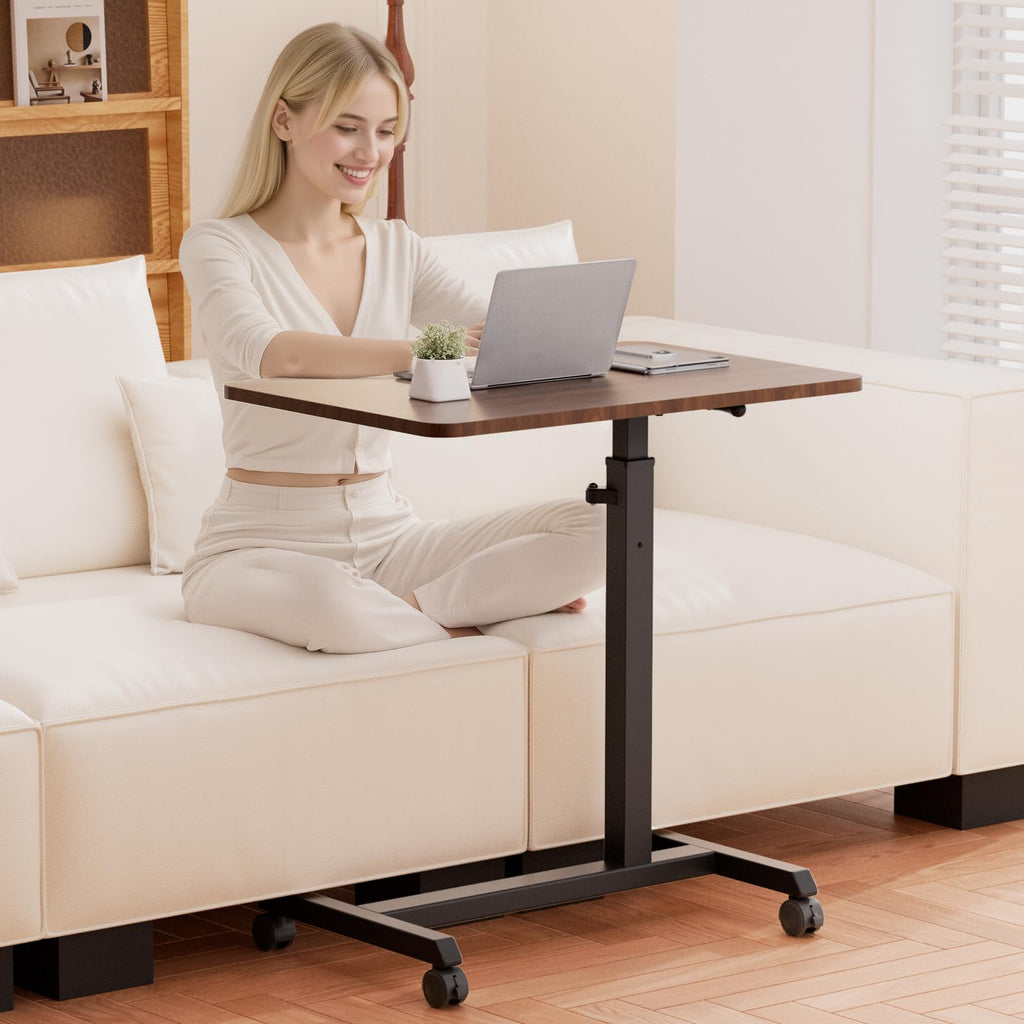 Small Standing Desk, 24 Inches Foldable Mobile Rolling Laptop PC Table with Lockable Casters, Adjustable Height Overbed Bedside Table Computer Workstation for Home Office, Walnut-Foldable