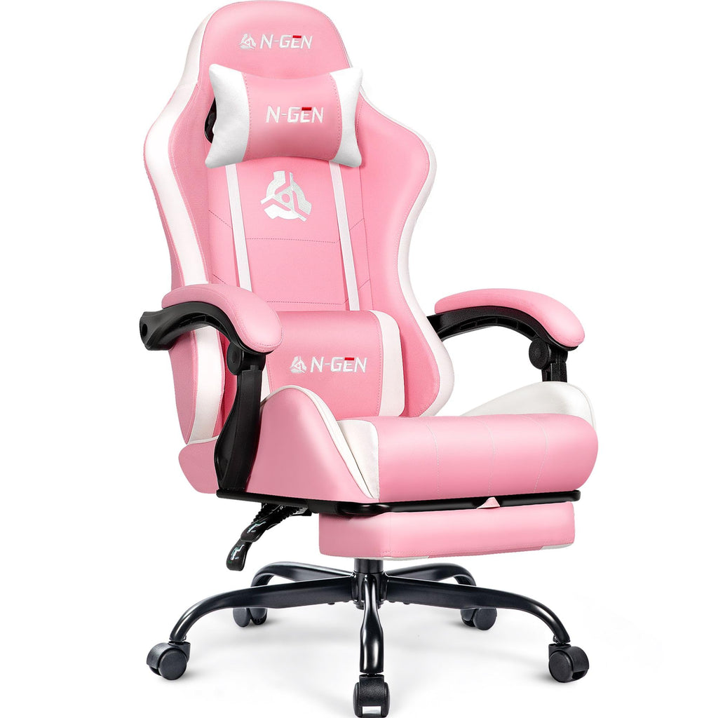 Gaming Chair with Footrest Lumbar Support for Home Office High Back Recliner Height Adjustable Ergonomic Comfy Leather Computer Desk Chair (Pink)