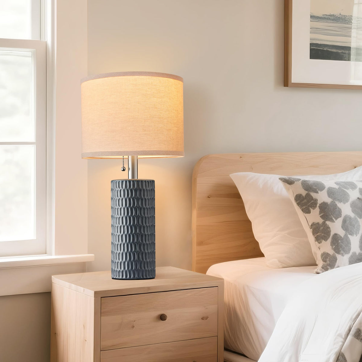 20.5" Modern Ceramic Table Lamps for Bedroom Set of 2, Bedside Lamps for Night Stands with Beige Lampshade, Farmhouse Table Lamp for Living Room Office Dorm, Grey