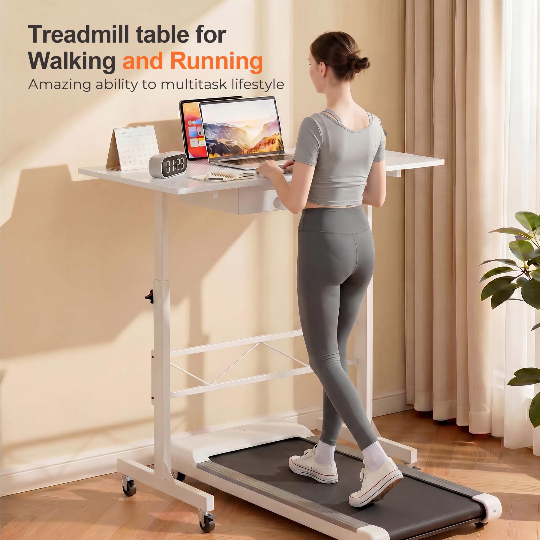 Portable Standing Desk Adjustable Height 30.7"-46.4", Standing Desk with Drawers, Mobile Rolling Computer Desk for Home Office Work and Walking Pad Treadmill, Carbon Fiber White