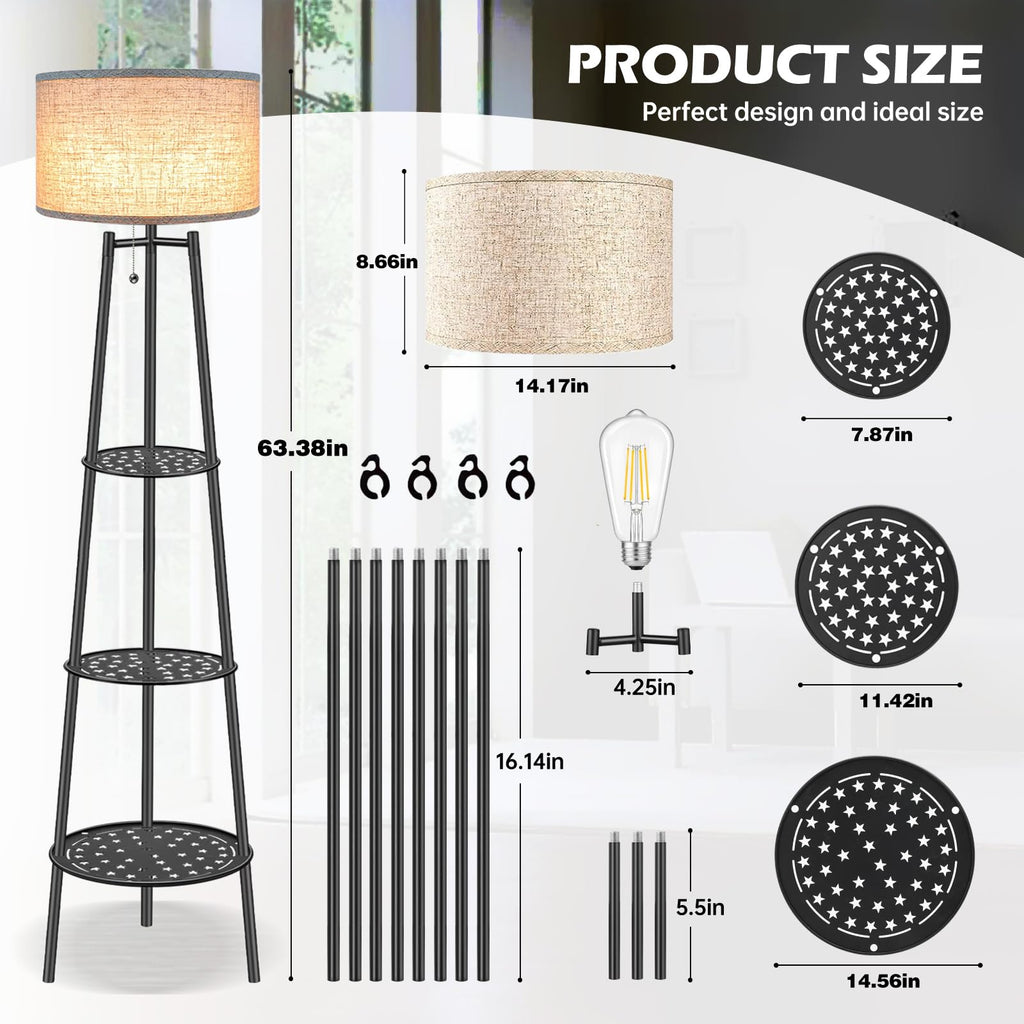 Floor Lamp with Shelves for Living Room， Standing Lamp，Tall Lamp， Amparas Elegantes para Sala with Linen Shade，Modern Floor Lamp for Living Room，Bedroom or Office（Black ）