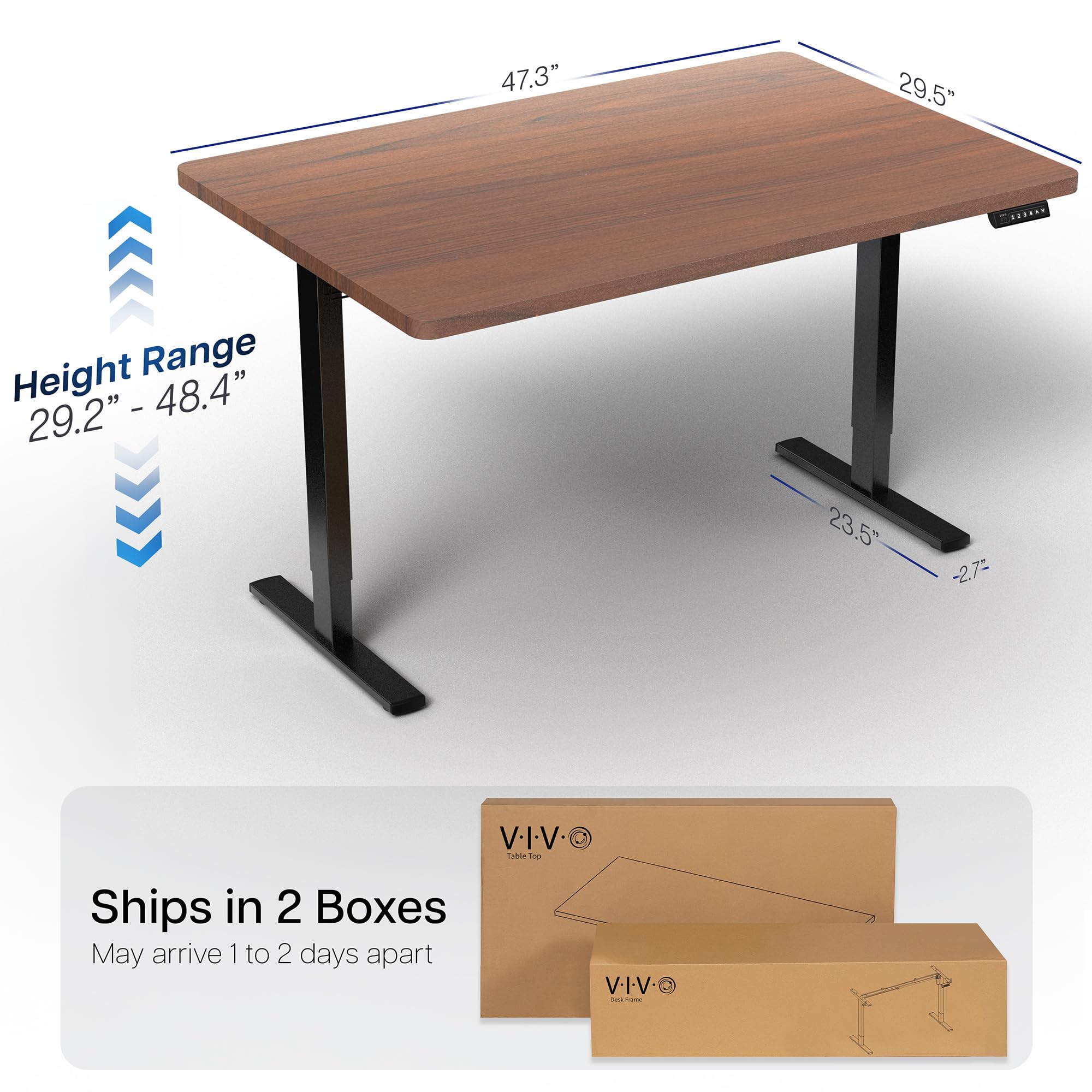 Electric 48 x 30 in Standing Desk, Memory Height Adjustment, 1B Series, Holds 220 lbs, One-Piece Dark Walnut Top, Black Frame
