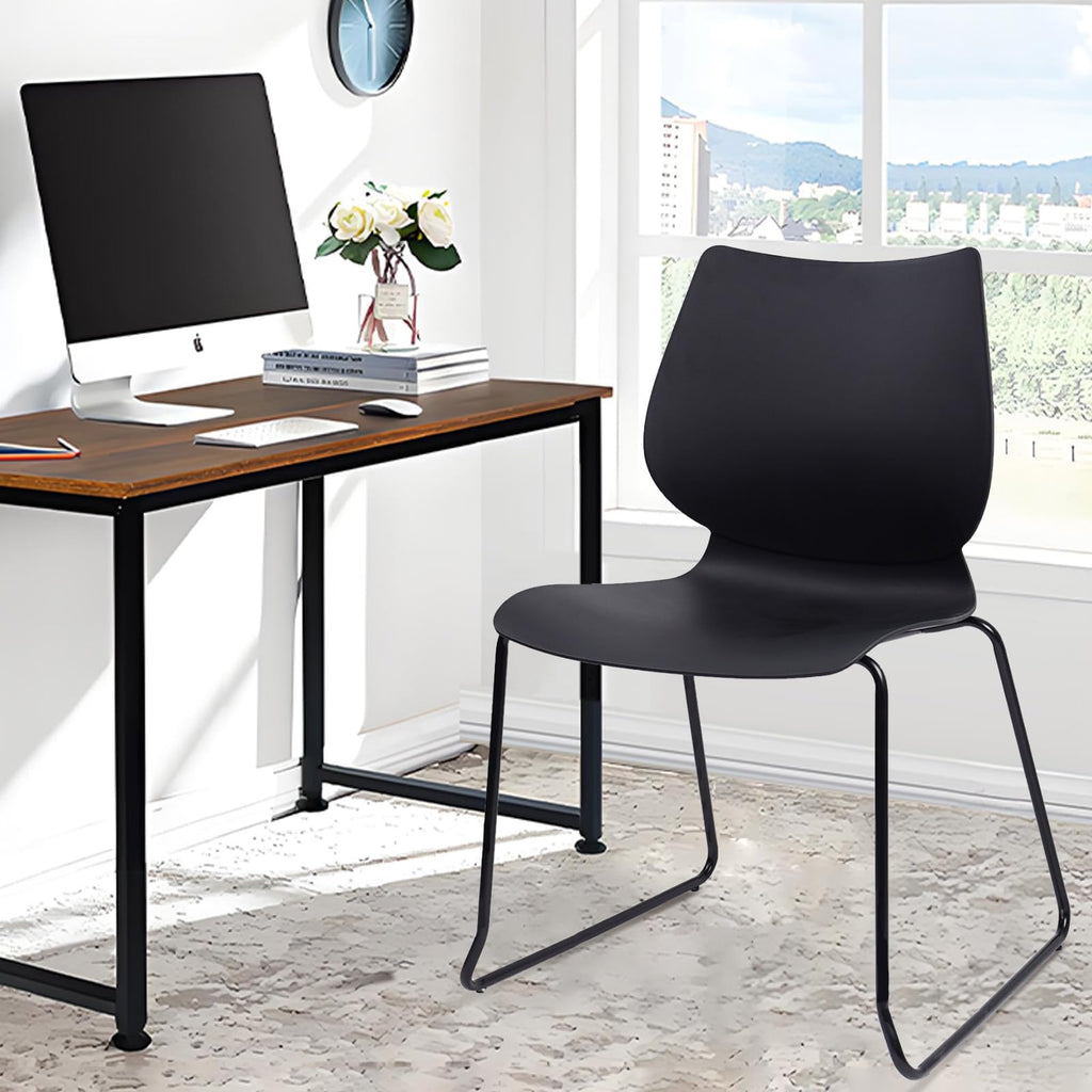 Set of 8, Stackable Waiting Room Chair, Stacking Office Chair with Ergonomic Lumbar Support and Metal Legs, Plastic Desk Chairs for Conference School Church Guest Reception, Black