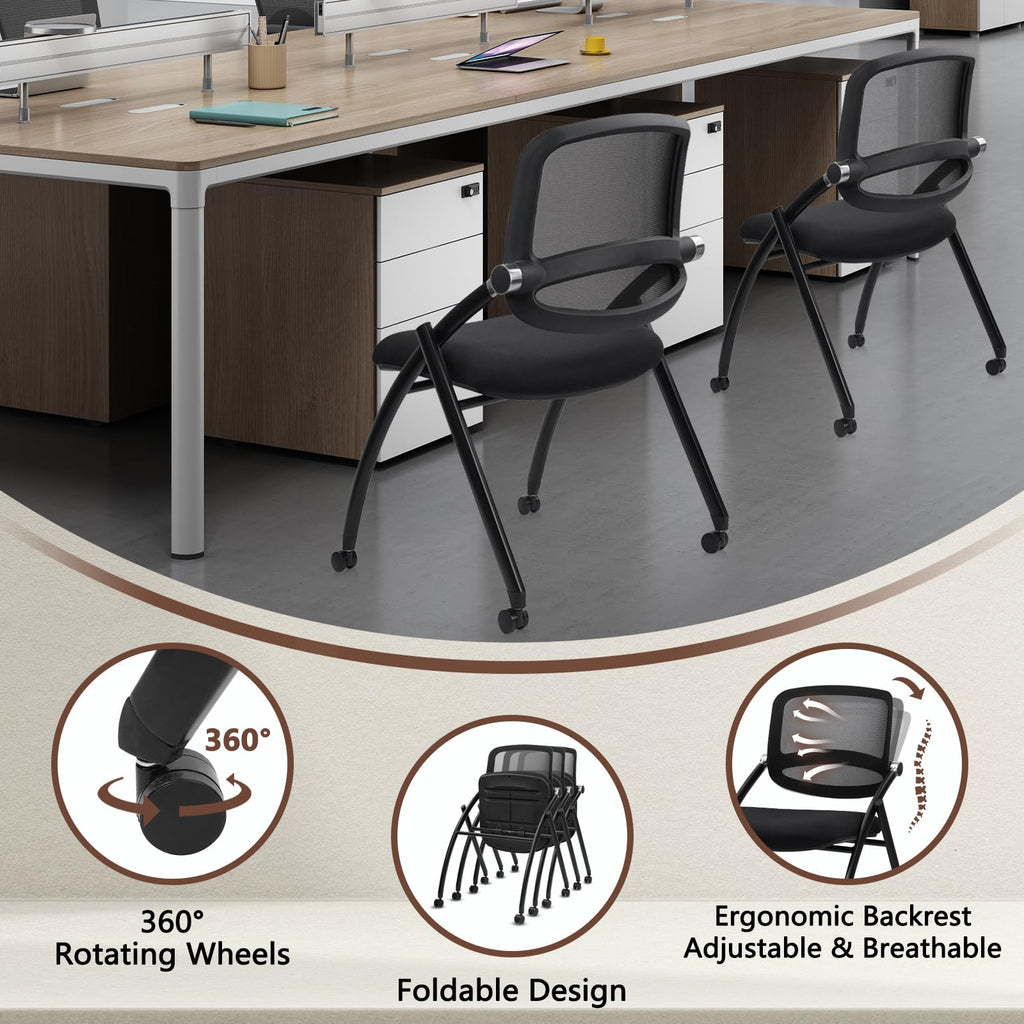 (4pk) Stackable & Foldable Chairs with Wheels, Reception Guest Chairs with Lumbar Support, Ergonomic Curved Mesh Back Folding Chair for Office Schools Conference Waiting Room, Black