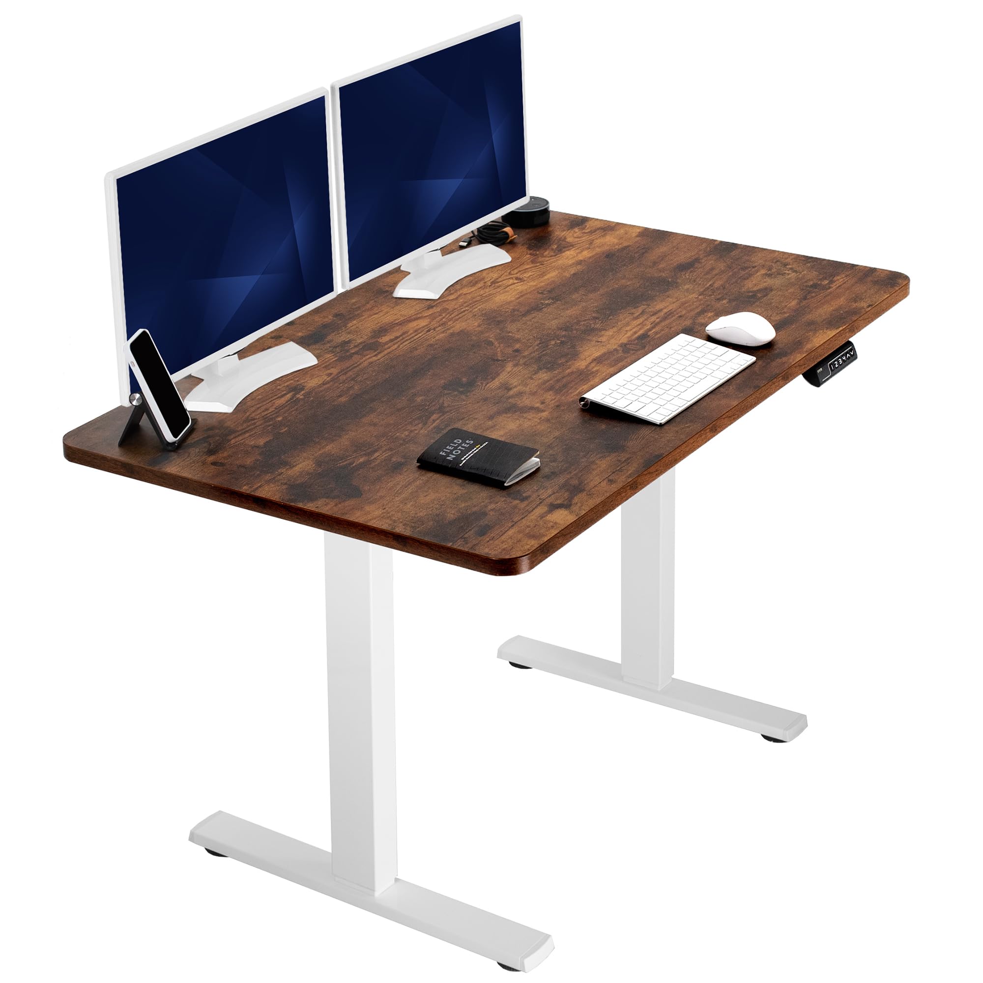Electric 48 x 30 in Rustic Standing Desk, Memory Height Adjustment, 1B Series, Holds 220 lbs, One-Piece Vintage Brown Top, White Frame