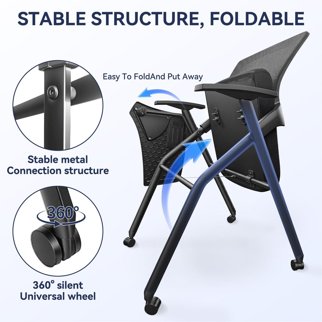 Ergonomic Foldable Office Chair with Breathable Mesh Back, Stackable Conference Chair - PU Wheels & Armrest for Guest, Meeting, Reception (Black-A2)