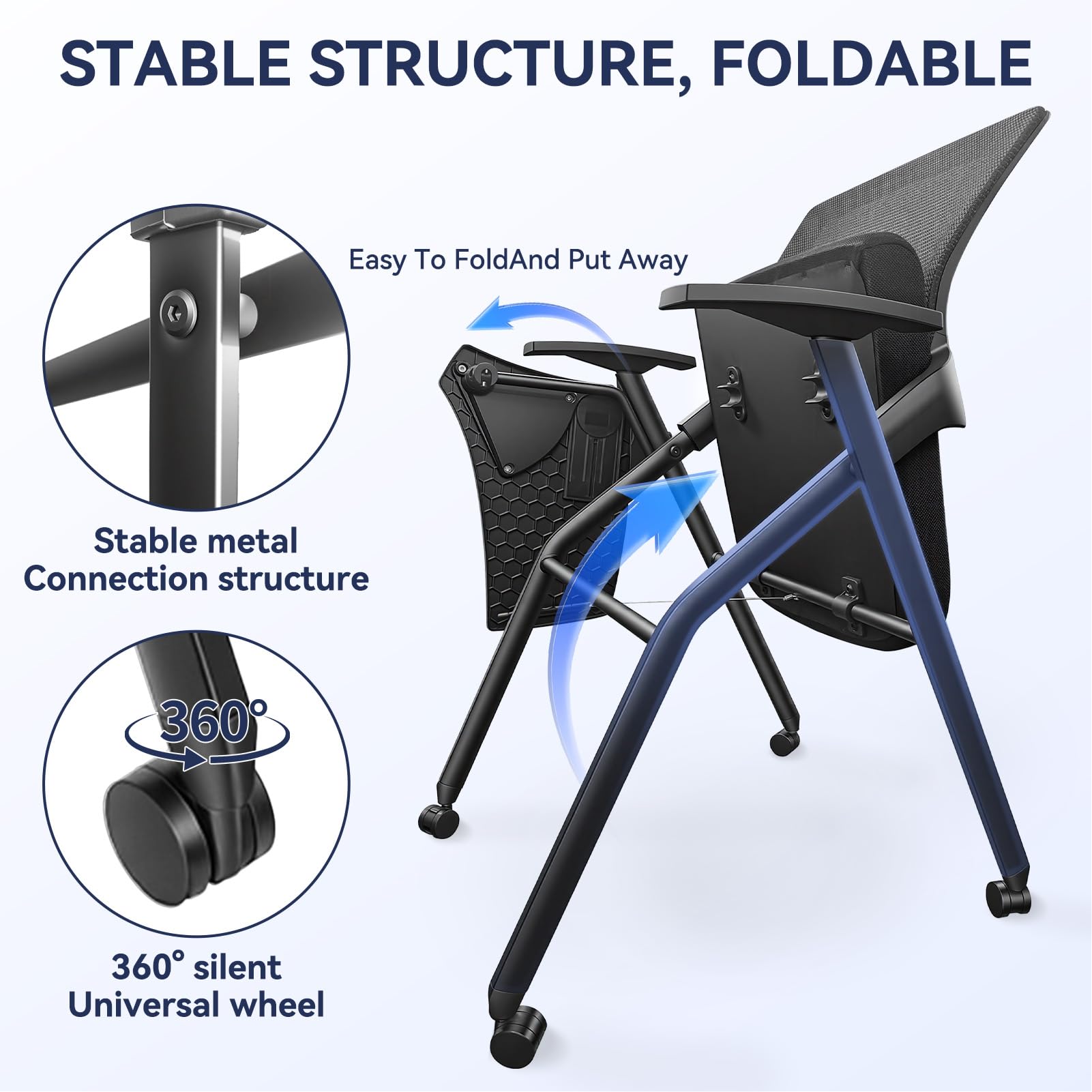 Ergonomic Foldable Office Chair with Breathable Mesh Back, Stackable Conference Chair - PU Wheels & Armrest for Guest, Meeting, Reception (Black-A2)