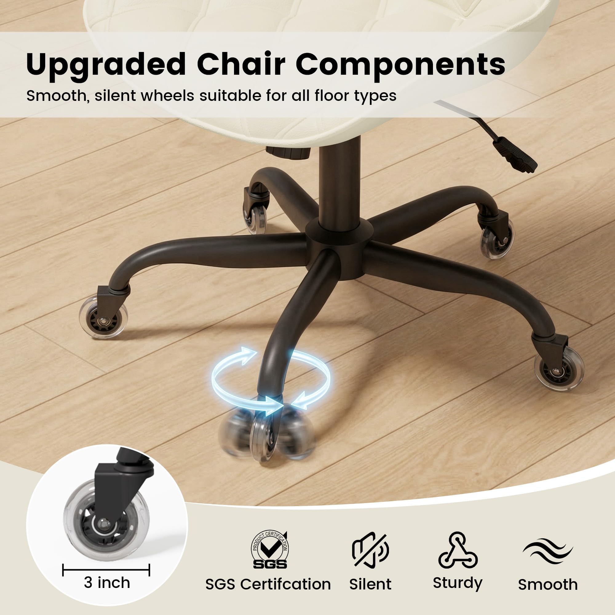Armless Office Chair, Mid Back Modern Desk Chair with Rubber Wheels, 360 Swivel PU Leather Office Chair No Arms, Adjustable Height Small Computer Chair, Armless Desk Chair for Office, White