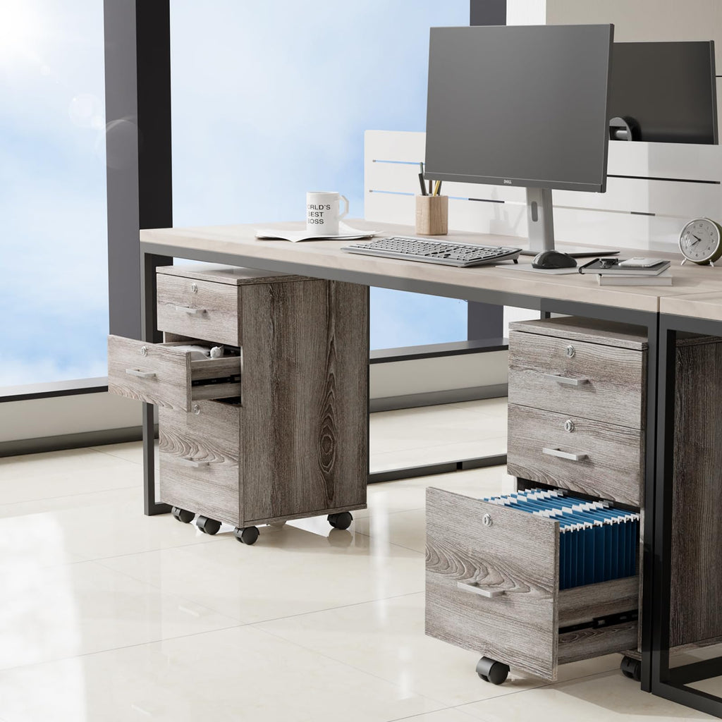 3-Drawer File Cabinet with Lock, Wood Rolling Filing Cabinets for Home Office, Mobile Printer Stand, Under Desk File Organizer for Letter Sized Files, 26" H(Caster Included),Gray Oak