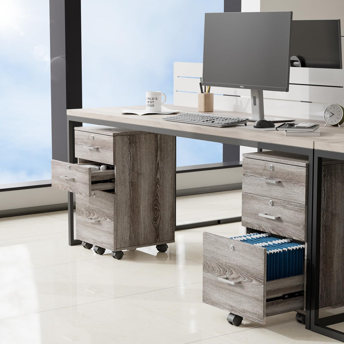 3-Drawer File Cabinet with Lock, Wood Rolling Filing Cabinets for Home Office, Mobile Printer Stand, Under Desk File Organizer for Letter Sized Files, 26" H(Caster Included),Gray Oak