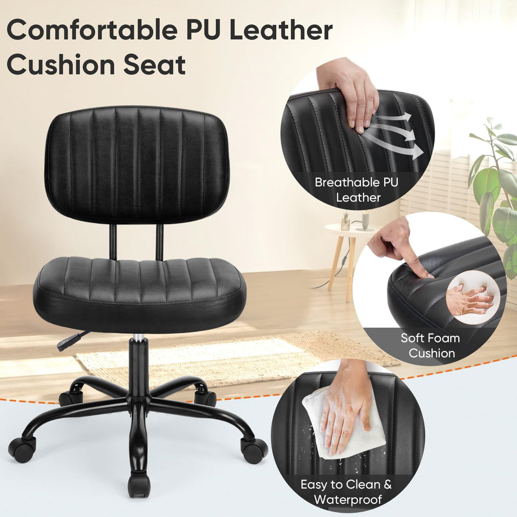 Small Armless Desk Chair with Low Back Lumbar Support, Height Adjustable PU Leather Computer Task Chair with 360° Swivel Wheels, for Small Space, Adults, New Black