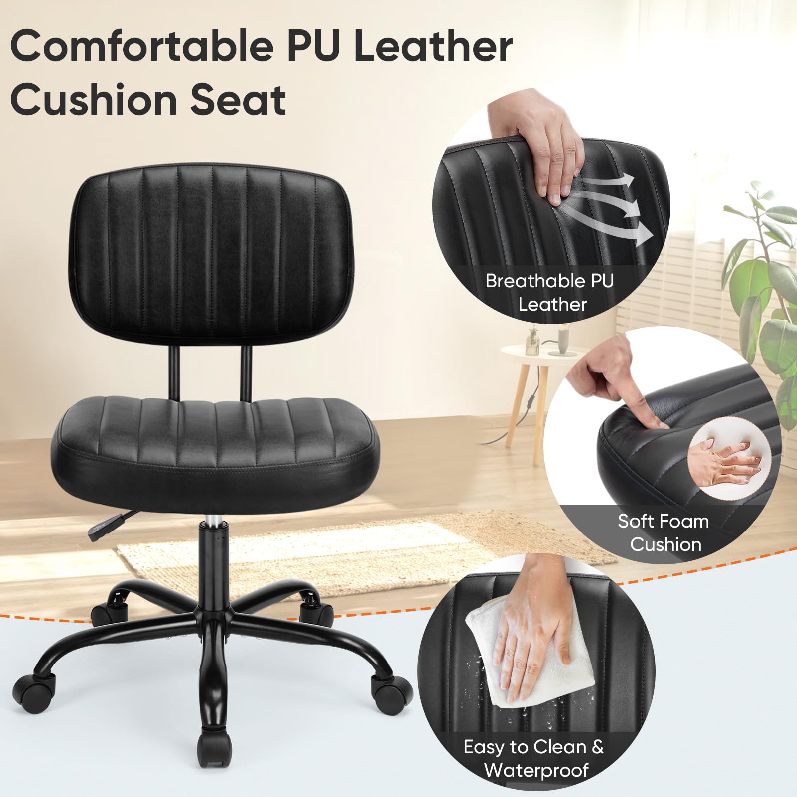 Small Armless Desk Chair with Low Back Lumbar Support, Height Adjustable PU Leather Computer Task Chair with 360° Swivel Wheels, for Small Space, Adults, New Black