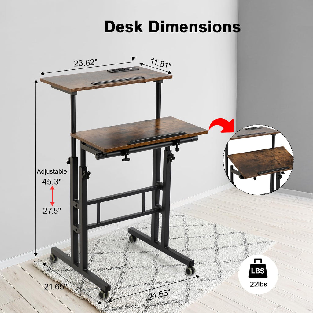 Mobile Standing Desk with Wheels, Rolling Desk Adjustable Height, Portable Laptop Table with Charging Station, Sit Stand up for Home Office, Study, Classroom, Rustic Brown