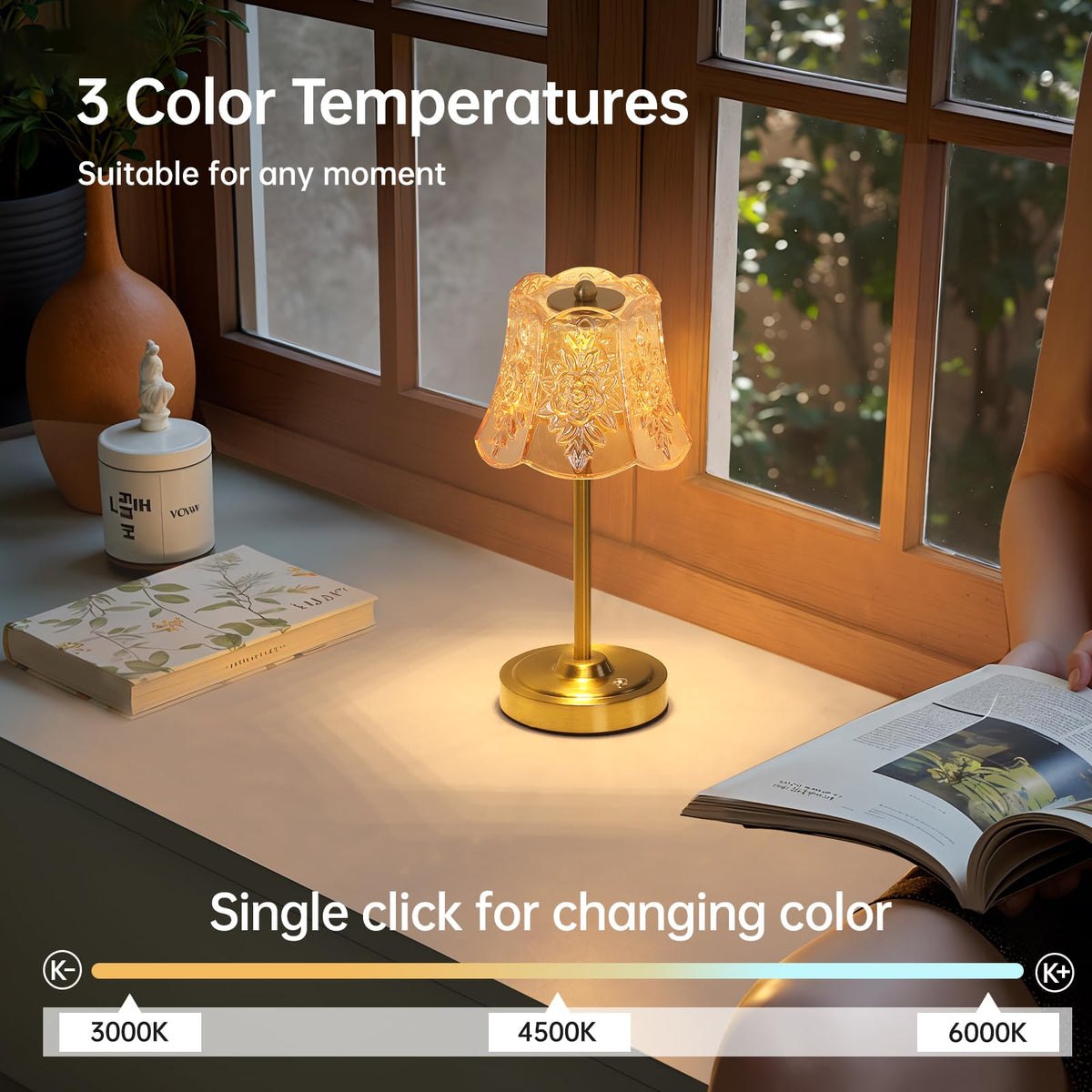 Cordless Touch Table Lamp with 5200mAh Battery - 3 Adjustable Color Temperatures & Dimmable, Rechargeable Desk Lamp for Bedroom, Living Room, Office, Entryway, Bookshelves (Amber Rose)