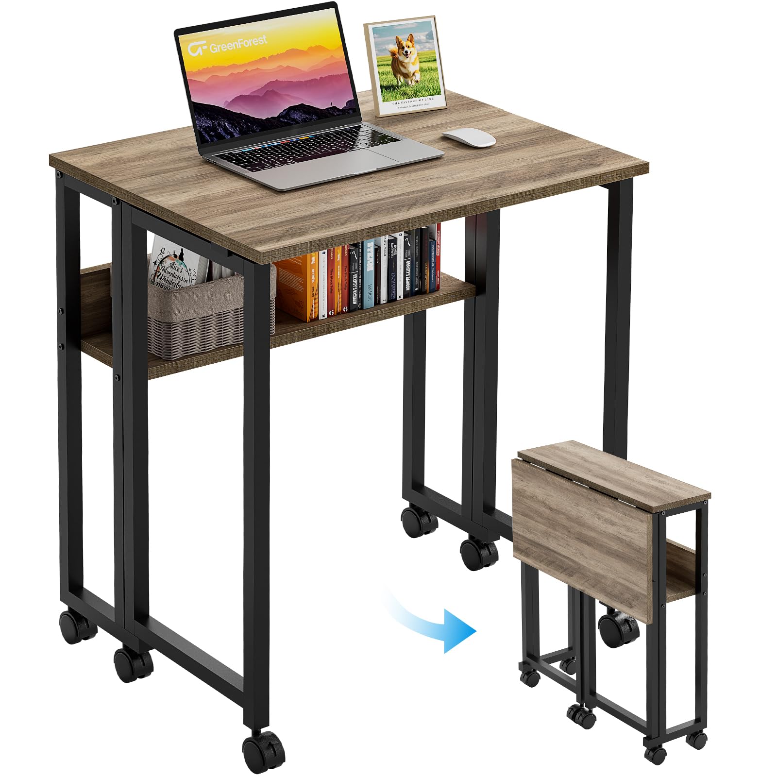 Folding Desk with Wheels, 24.8 Inch Compact Rolling Computer Table with Storage Shelf, Portable Mobile Workstation for Small Spaces, Easy Assembly,Grey Wash