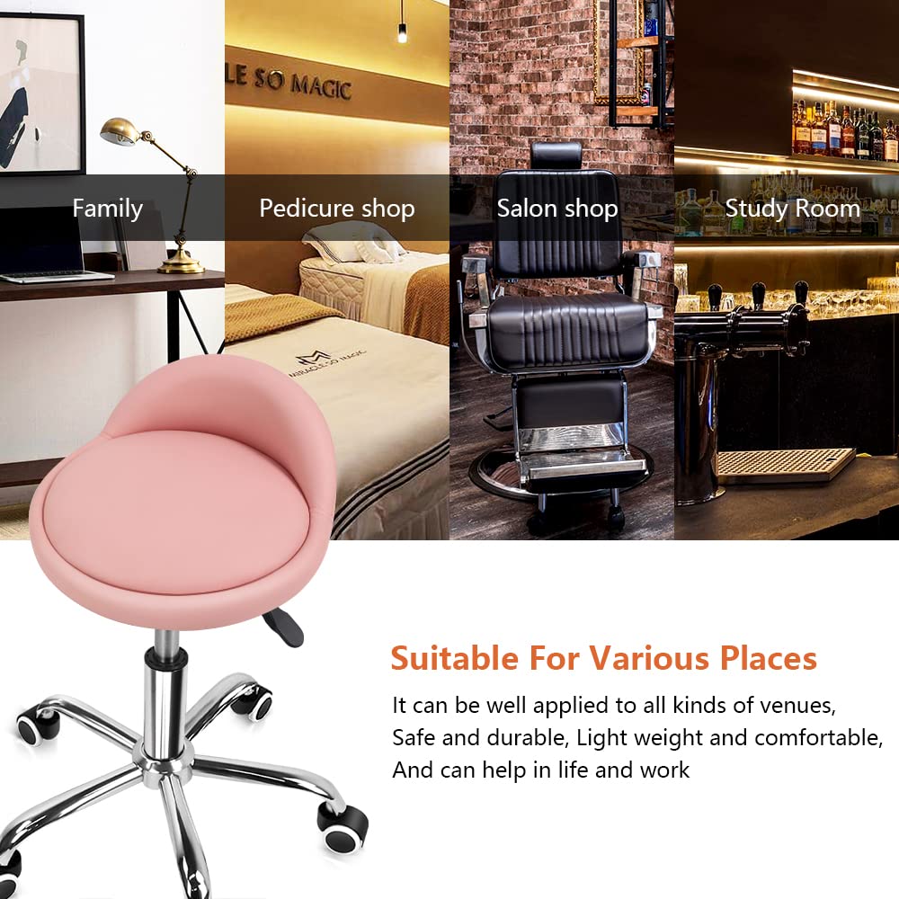 PU Leather Round Rolling Stool with Back Rest Height Adjustable Swivel Drafting Work SPA Task Chair with Wheels Pink