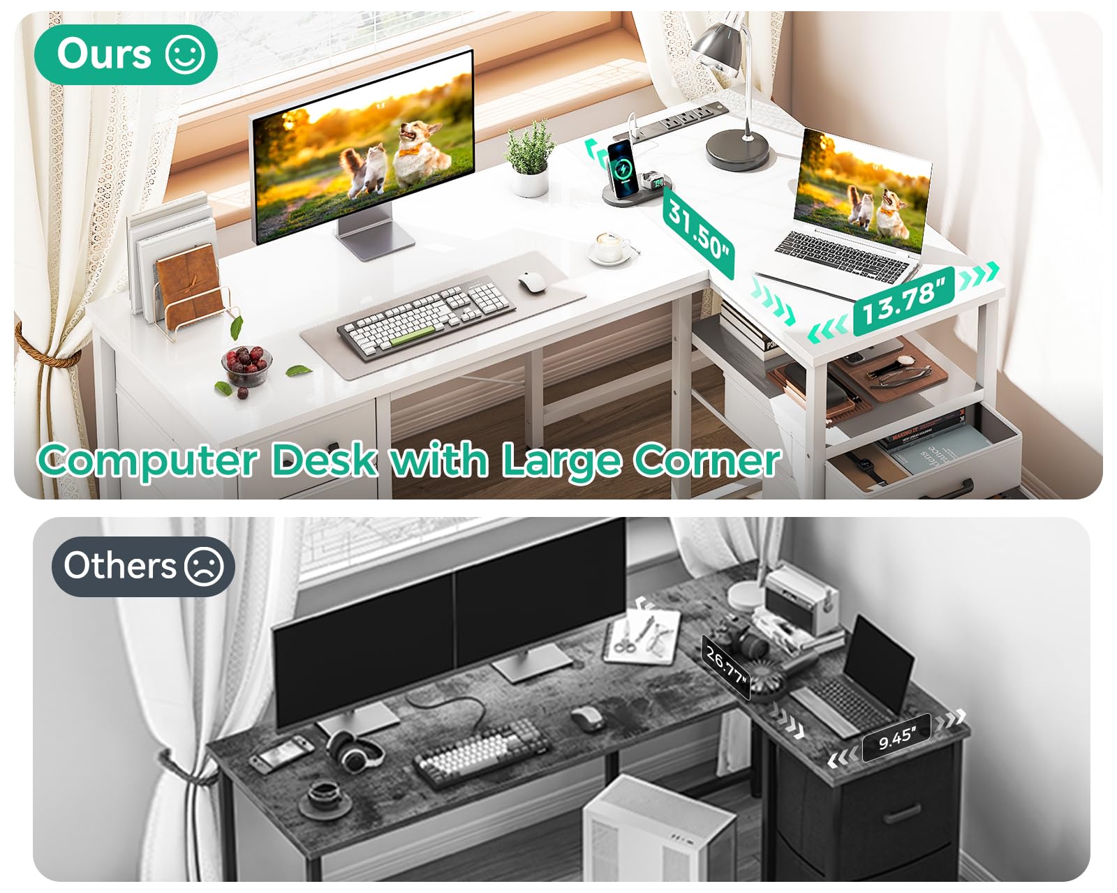 L Shaped Computer Desk with 6 Drawers & Power Outlet, 55 Inch Corner Desk with Reversible Storage Shelf & File Drawer, Home Office Desk, White
