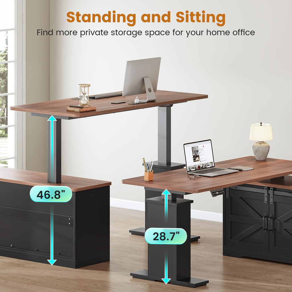 Farmhouse L Shaped Standing Desk, 55 inch Height Adjustable Corner Desk with Storage Drawers, Standing Computer Desks with Power Outlets for Home Office, Black