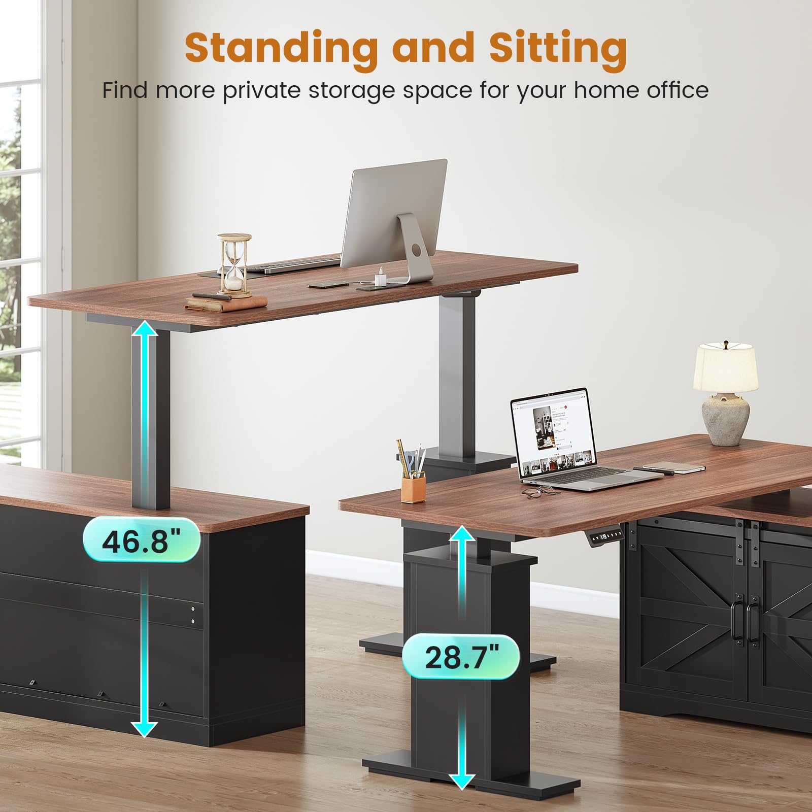 Farmhouse L Shaped Standing Desk, 55 inch Height Adjustable Corner Desk with Storage Drawers, Standing Computer Desks with Power Outlets for Home Office, Black