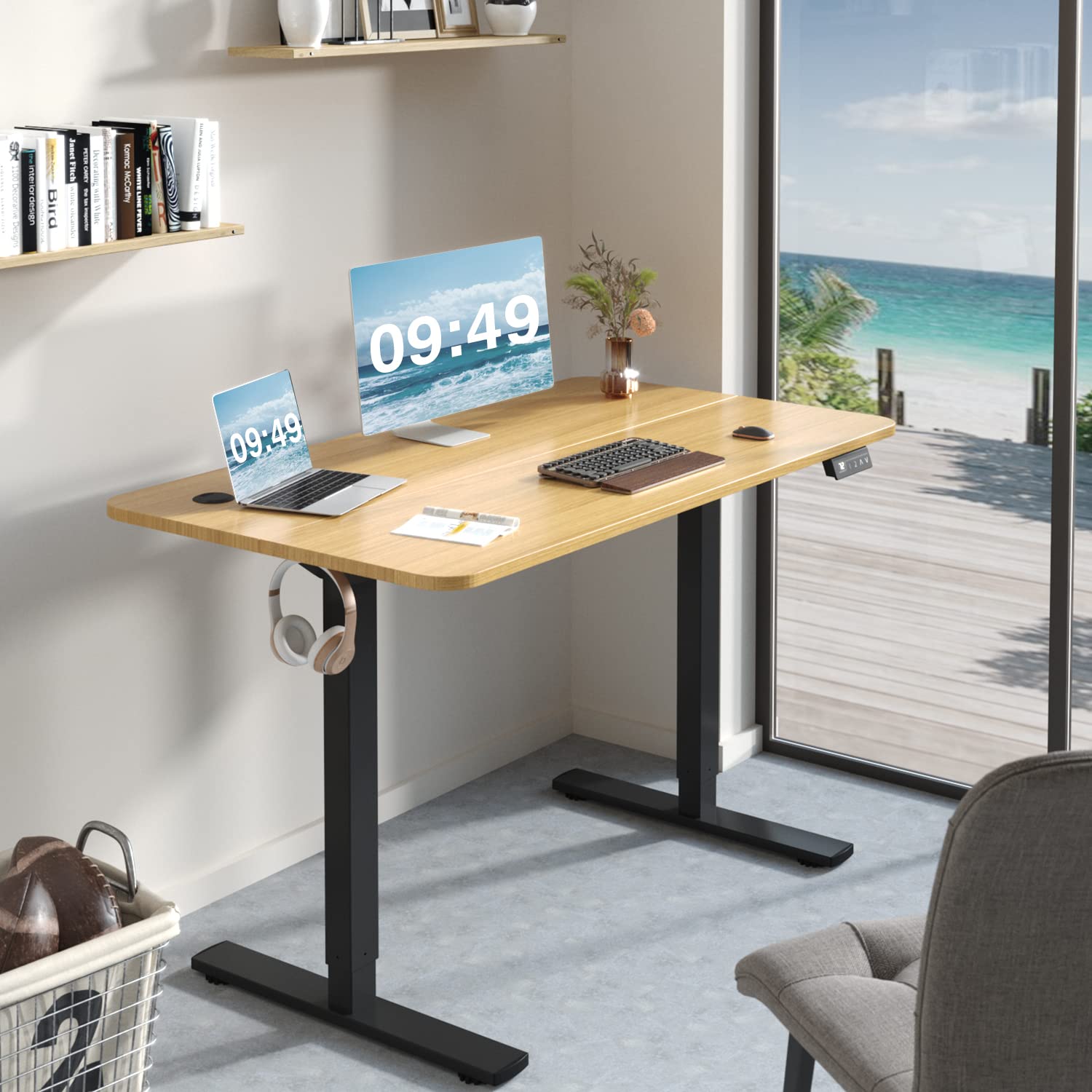 Electric Height Adjustable Standing Desk Large 48 x 24 Inches Sit Stand up Desk Home Office Computer Desk Memory Preset with T-Shaped Metal Bracket, Maple