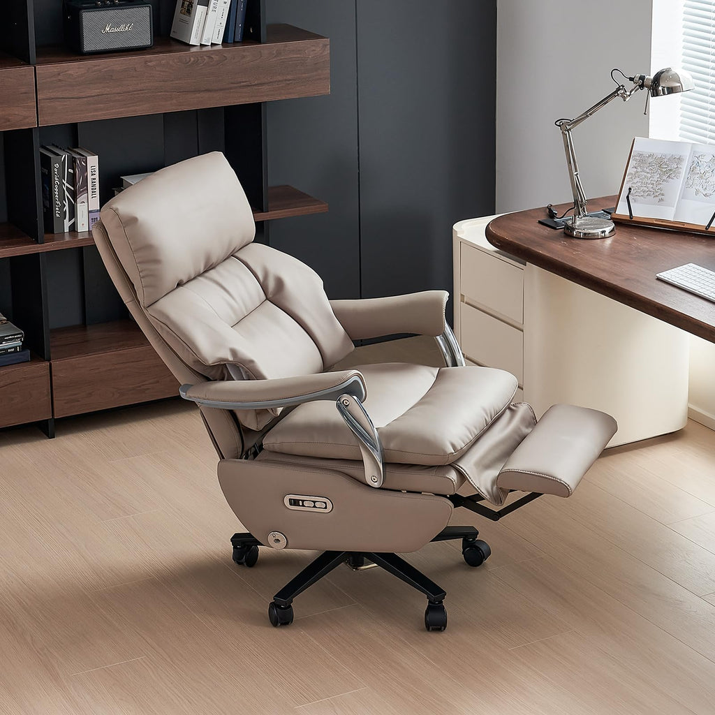 Ergonomic Office Chair with Foot Rest Electric Executive Office Chair Power Reclining with Massage Big and Tall High Back Computer Chair with Wheels, Sustainable Leather（Light Khaki）