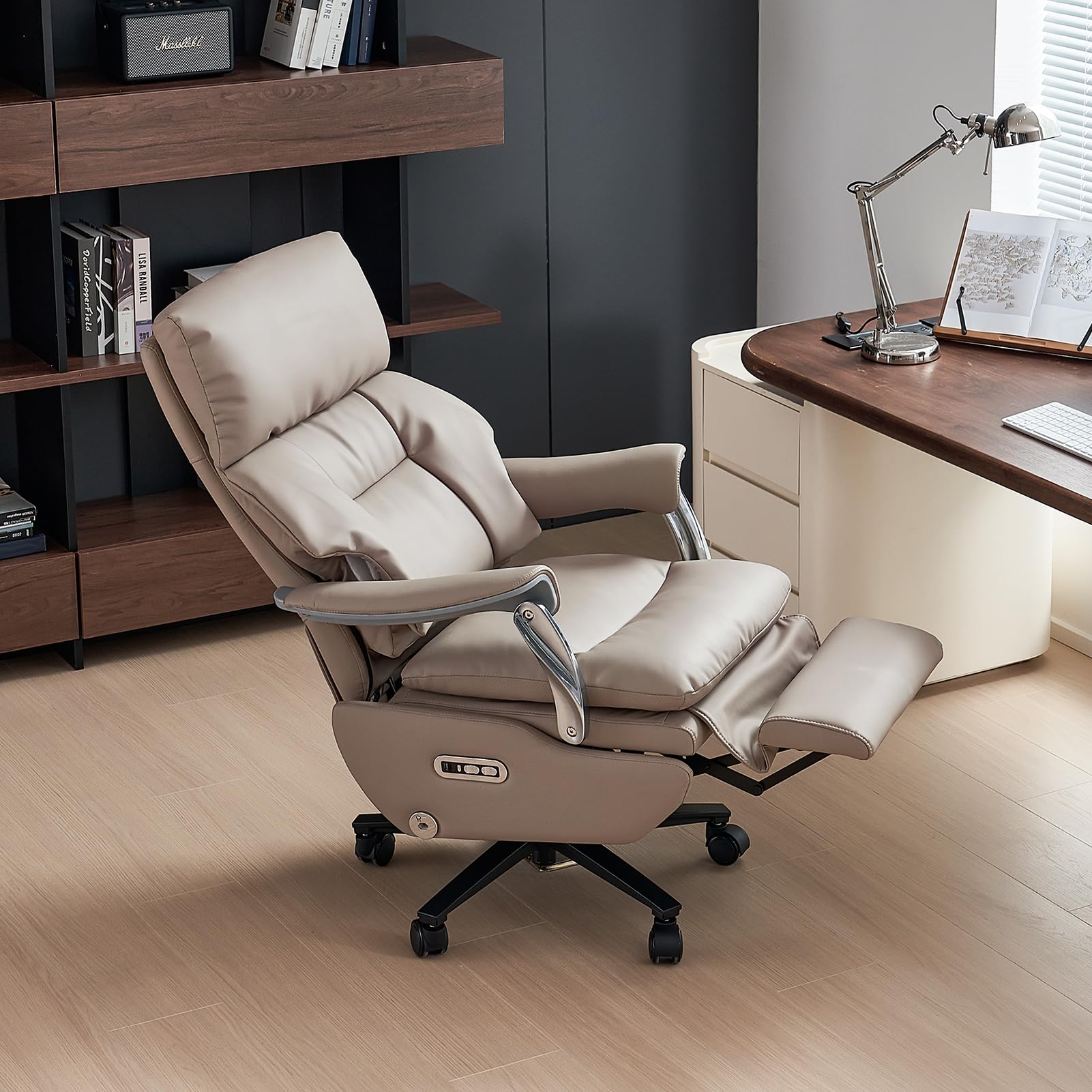 Ergonomic Office Chair with Foot Rest Electric Executive Office Chair Power Reclining with Massage Big and Tall High Back Computer Chair with Wheels, Sustainable Leather（Light Khaki）