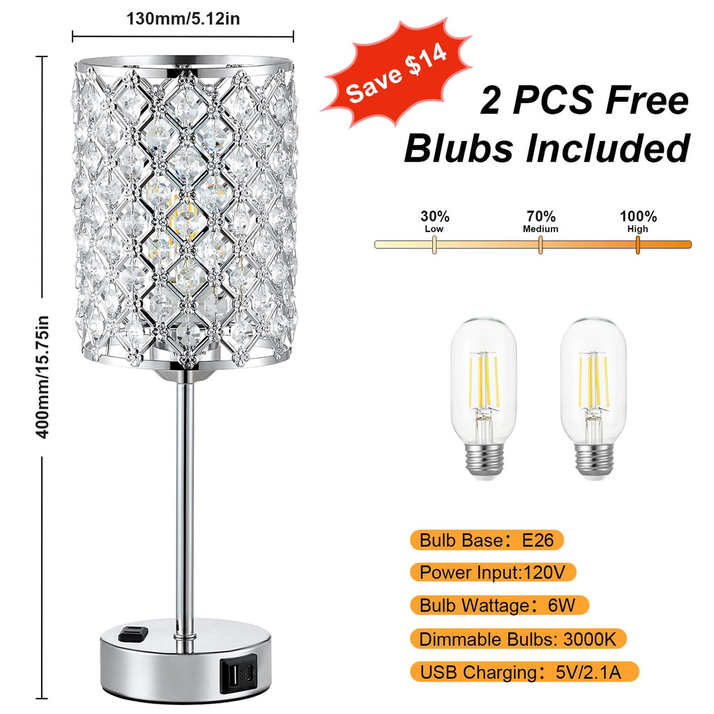 Sliver Crystal Table Lamps for Bedroom Set of 2, Nightstand Touch Lamp