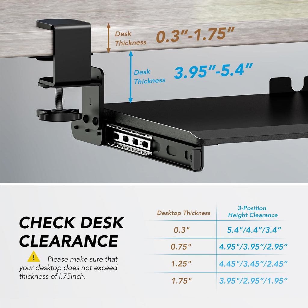 Keyboard Tray Under Desk Pull Out with Extra Sturdy Adjustable C Clamp Mount System, 27.3 (32.5 inch Including Clamps) x 11 Inch Slide-Out Platform Computer Drawer for Typing, Black,