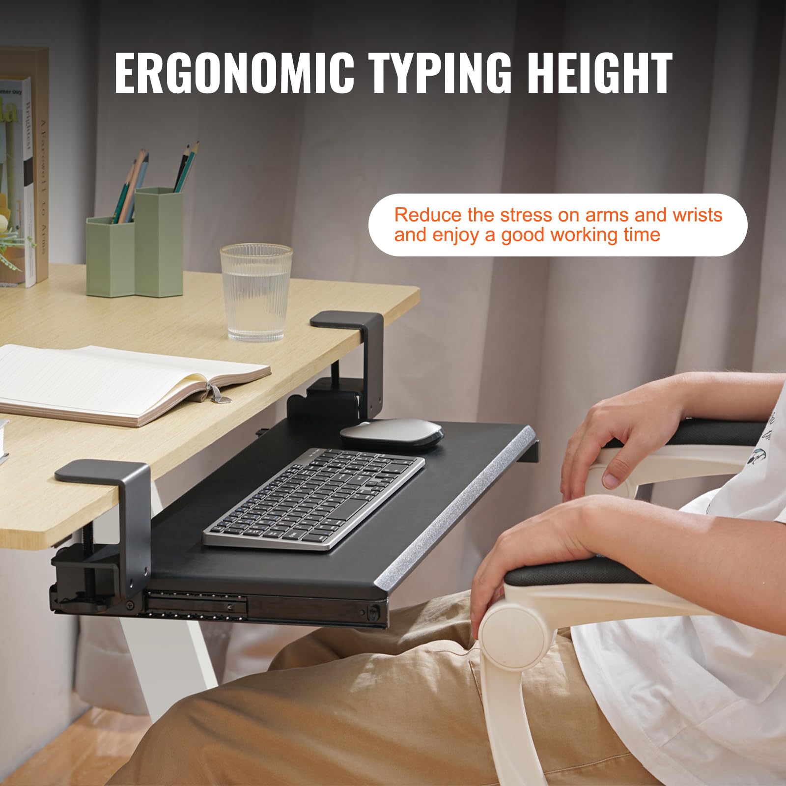Clamp on Keyboard Tray Under Desk, Desk Keyboard Tray Slide Out with Sturdy No-Drill C Clamp Mount, Large 26.8 x 11 inch Slide-Out Computer Drawer for Typing in Home, Office Work