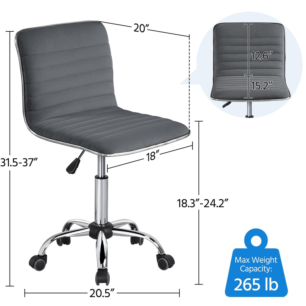 Velvet Low Back Armless Ribbed Office Chair Height Adjustable Swivel Task Chair Dark Gray