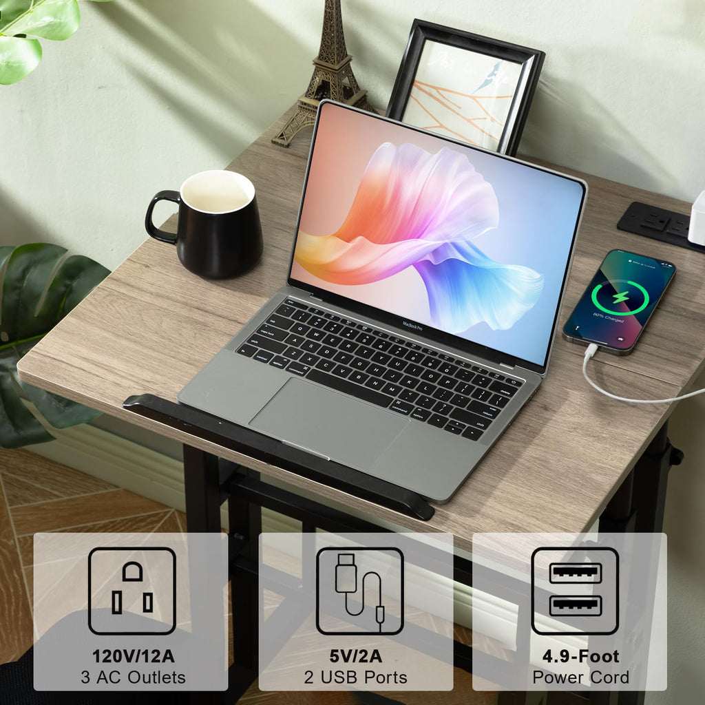 Mobile Standing Desk with Charging Station, Adjustable Standing Computer Desk, Standing Adjustable Laptop Cart with Wheels for Home Office Classroom Light Grey