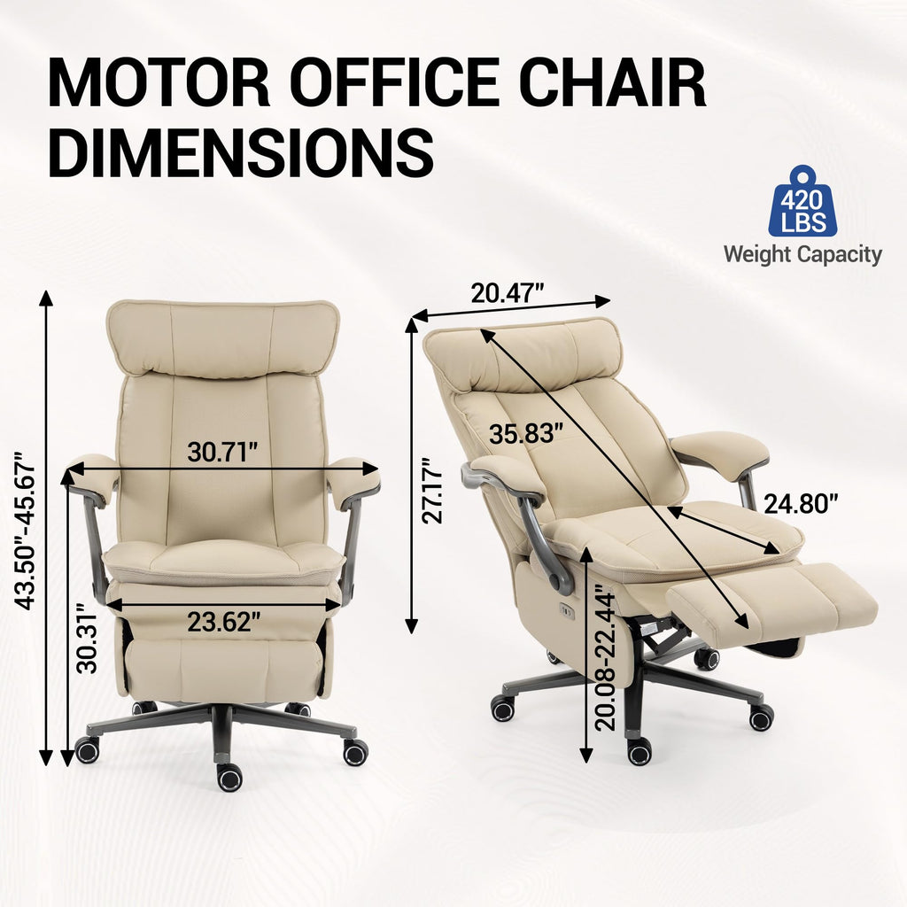 Electric Office Chair with USB Charging, 420lbs PU Leather Power Recliner with Footrest, Ergonomic High Back Executive Chair for Home Office & Gaming, Beige