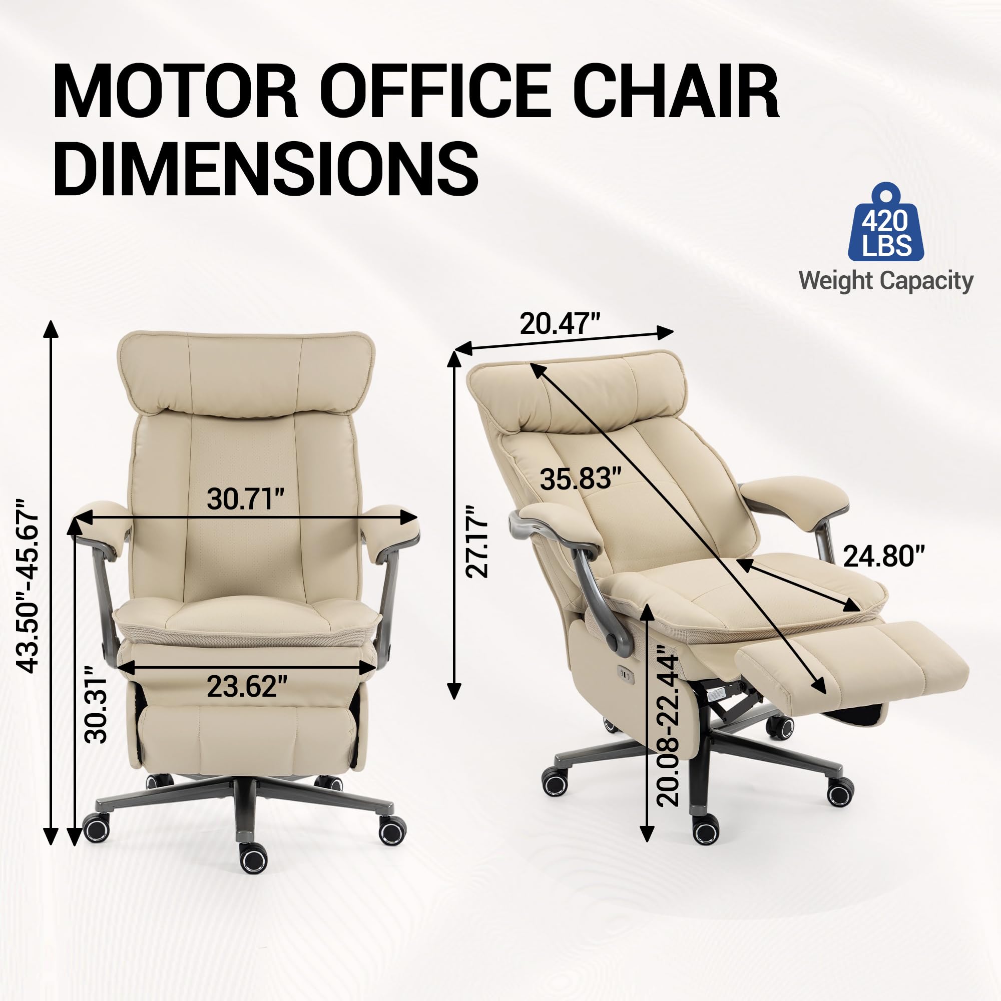 Electric Office Chair with USB Charging, 420lbs PU Leather Power Recliner with Footrest, Ergonomic High Back Executive Chair for Home Office & Gaming, Beige