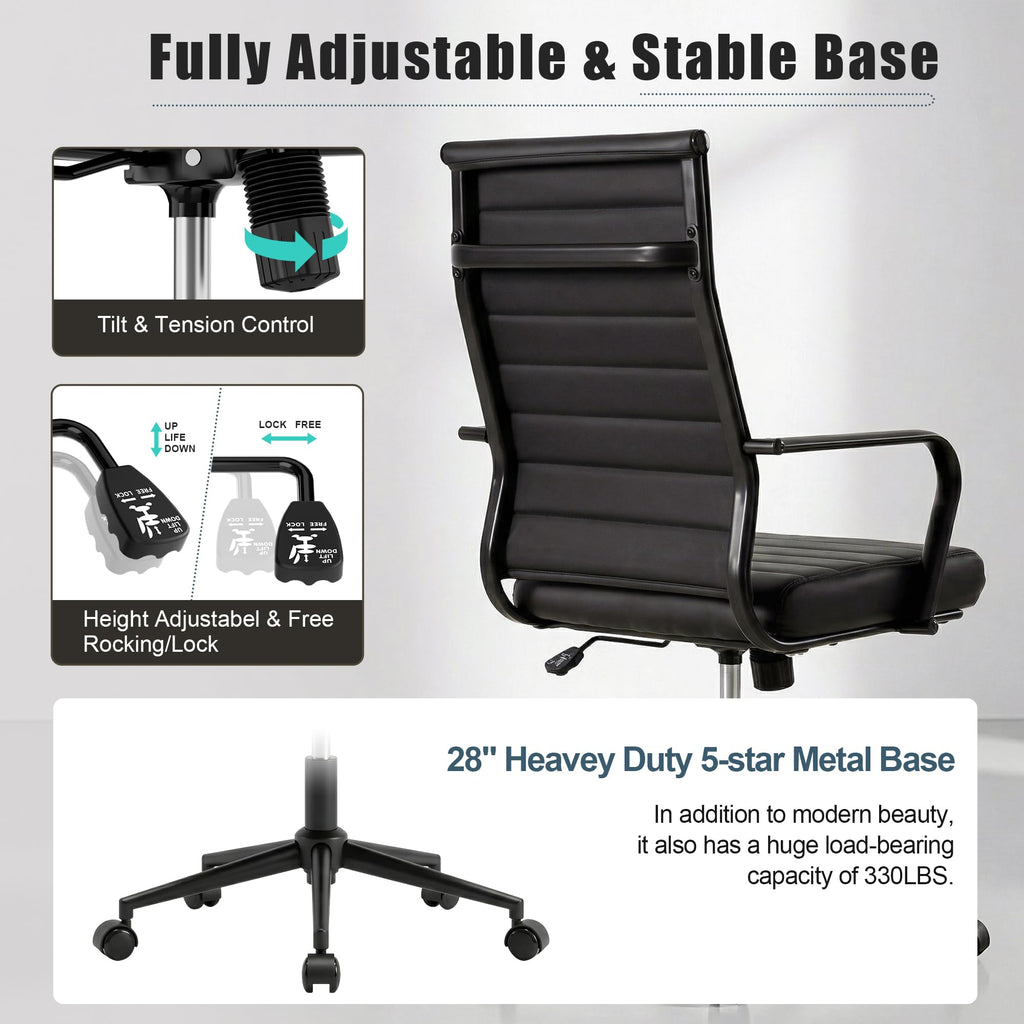 Leather Office Desk Chair, Conference Room Chairs Executive Chair Ribbed, Ergonomic Height Adjustable Swivel Rolling Chair for Home Office