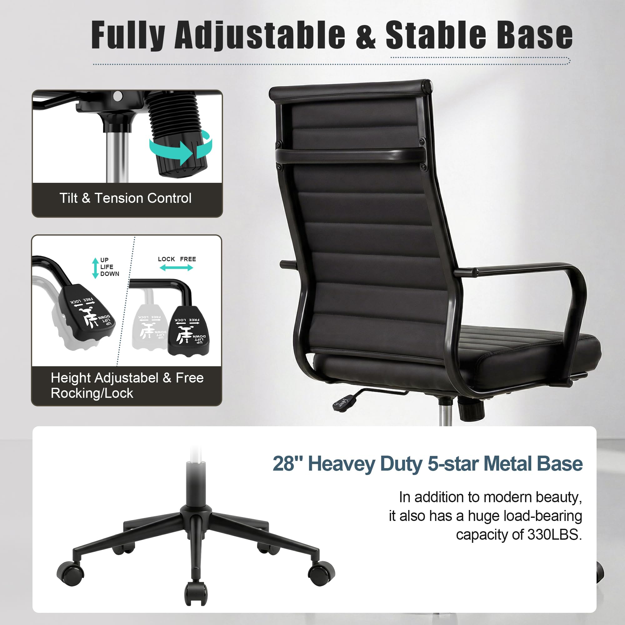 Leather Office Desk Chair, Conference Room Chairs Executive Chair Ribbed, Ergonomic Height Adjustable Swivel Rolling Chair for Home Office