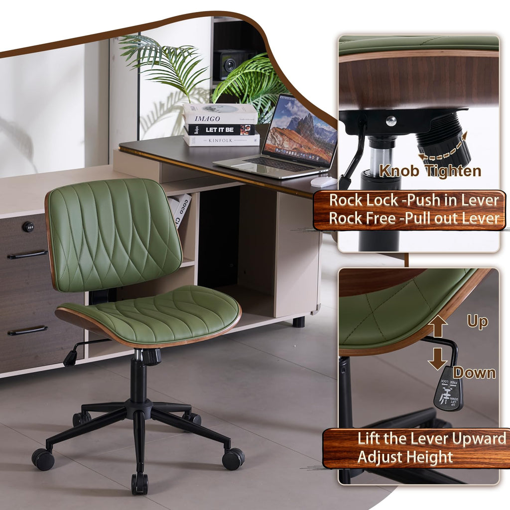 Armless Leather Desk Chair - Modern Office Chair no Arms, Vanity Chair, Mid Century PU Leather Task Chairs, Desk Chairs for Home Small Space, Dorm, Adjust Height Swivel with Wheels, Green