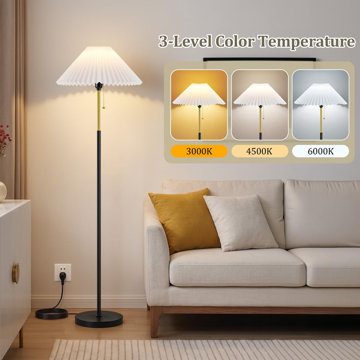 Floor Lamps for Living Room, 59.5" Pleated Modern Standing Lamp,Linen Shade